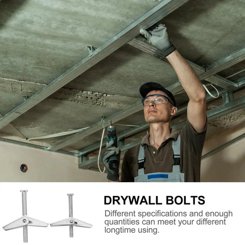 Man installing ceiling with 20 Piece Iron Drywall Toggle Bolts Wing Nut Kit Heavy Duty Expansion Screws For Hanging Items Like TVs Mirrors Shelves Curtain Rods Without Studs M5 M6 Screws Included.