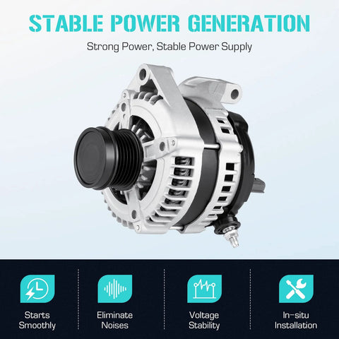 Drop-In 3.5L V6 Alternator For Accord 2008-2012 And Crosstour 2010, silver aluminum alternator, 130 Amp, side view.