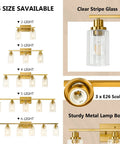 Three Light Brushed Gold Vanity Light With Fluted Glass Shades For Bathroom Modern Gold Over Mirror Fixture Elegant Satin Finish Contemporary Bath Lighting, showing size options and a close-up of the glass shade.