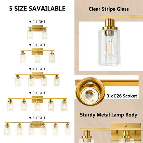 Three Light Brushed Gold Vanity Light With Fluted Glass Shades For Bathroom Modern Gold Over Mirror Fixture Elegant Satin Finish Contemporary Bath Lighting, showing size options and a close-up of the glass shade.