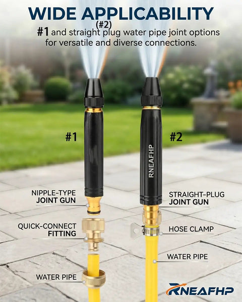 Turbo Boost High Pressure Water Gun With Booster Nozzle showing two joint gun options for diverse connections in garden setting