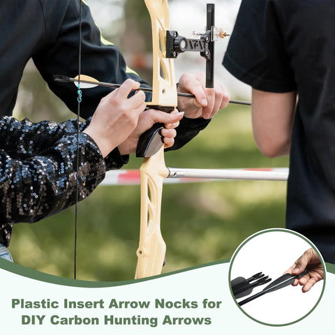 Archers installing Plastic Arrow Nocks For Archery 3.2mm ID 0.13 Inch Insert Double Lock Nocks on a yellow compound bow outdoors