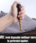 Adjustable Leather Hole Punch Tool With Wood Handle And Six Drill Sizes in use on fabric with note about multilayer fabric
