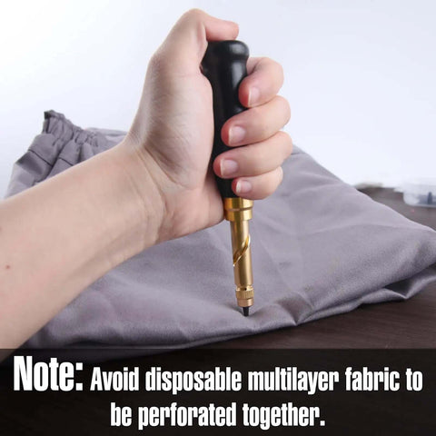 Adjustable Leather Hole Punch Tool With Wood Handle And Six Drill Sizes in use on fabric with note about multilayer fabric