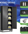 Beefy 71 Inch Metal Garage Storage Cabinet On Wheels With Locking Doors, shelves shown with weight capacity details.