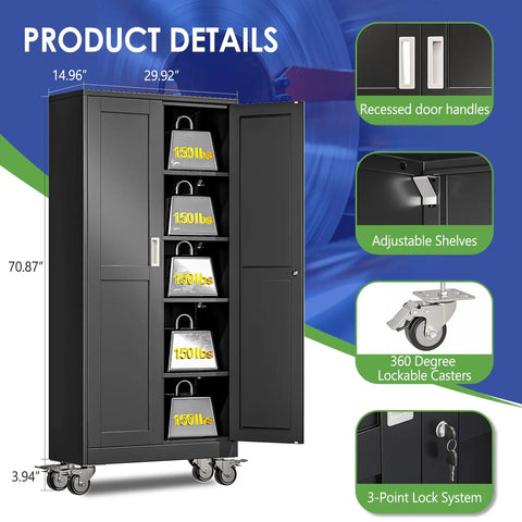 Beefy 71 Inch Metal Garage Storage Cabinet On Wheels With Locking Doors, shelves shown with weight capacity details.
