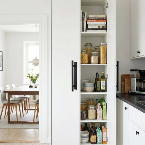 Six Pack Black ABS Plastic Peel And Stick Cabinet Handles on white kitchen cupboard door