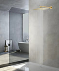 High Pressure 12 Inch Square Shower Head In Stainless Steel With Ultra Thin Brushed Gold Finish installed in modern bathroom