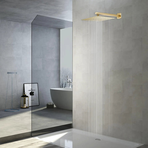 High Pressure 12 Inch Square Shower Head In Stainless Steel With Ultra Thin Brushed Gold Finish installed in modern bathroom