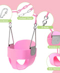 Pink Toddler Swing Seat With Heavy Duty High Back Full Bucket Design For Outdoor Play showing carabiner and chains