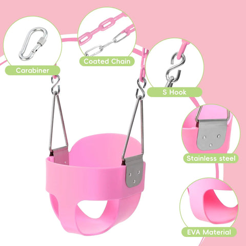 Pink Toddler Swing Seat With Heavy Duty High Back Full Bucket Design For Outdoor Play showing carabiner and chains