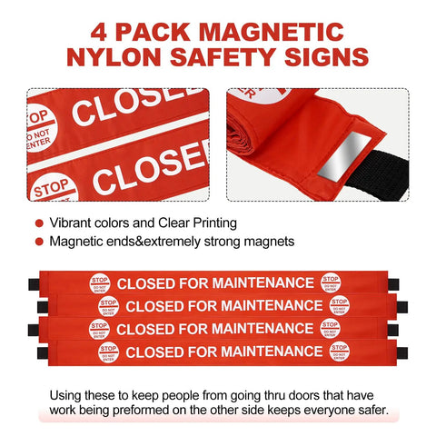 Hecka Visible 4 Pack Closed For Maintenance Magnetic Door Signs For Metal Frames With Bold Red Text And Secure Clips for visible safety.