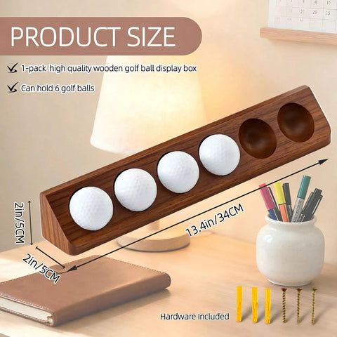 Premium Wooden Golf Ball Display Case And Holder For Wall Mount Or Tabletop with 6-ball capacity, walnut wood, shown with golf balls.