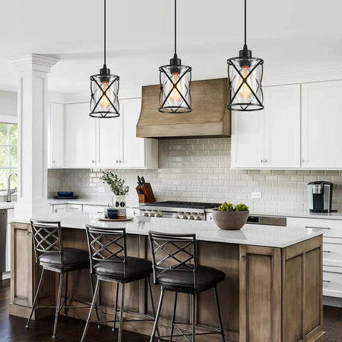 Fresh Matte Black Three Light Pendant With Clear Glass Shades Adjustable Farmhouse Industrial Hanging Fixture For Kitchen Island And Dining Room Decor Solid Home Upgrade Ceiling Lamp in modern kitchen.