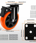 Built Tough 5 Inch Orange Caster Wheel Set Of 4 With Dual Brakes featured with detailed dimensions and hardware.