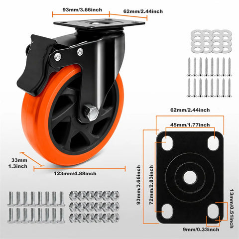Built Tough 5 Inch Orange Caster Wheel Set Of 4 With Dual Brakes featured with detailed dimensions and hardware.