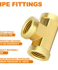 Brass Tee Fitting Kit Three Way One Quarter Inch NPT Female Pipe Connectors for water lines, durable brass construction.
