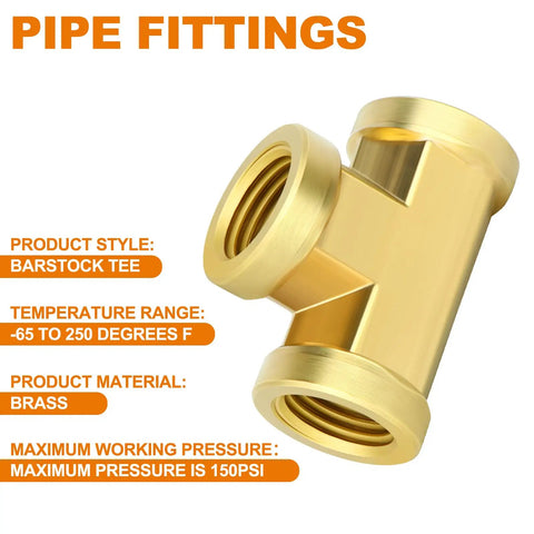 Brass Tee Fitting Kit Three Way One Quarter Inch NPT Female Pipe Connectors for water lines, durable brass construction.