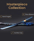 Beast Mode Spring Steel Katana Hand Forged Plum Blossom Samurai Sword with blue wrap and scabbard displayed on black background