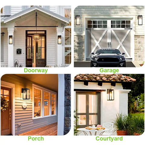 Four locations showcasing Dusk To Dawn Photocell Sensor Black Outdoor Wall Lantern With Clear Glass Shade on doorway, garage, porch, courtyard