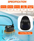 Above Ground Pool Cover Pump Submersible Sump Water Removal Tool with 25-foot power cord in pool, specs displayed.