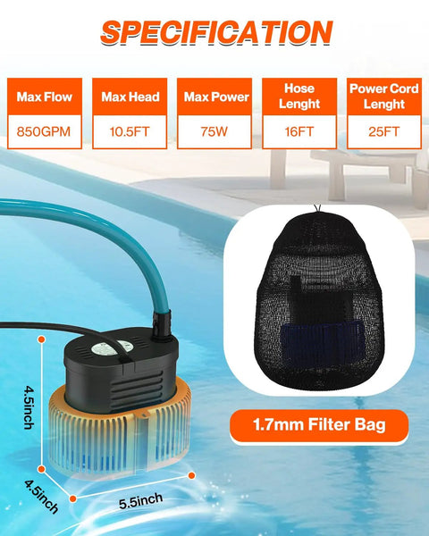 Above Ground Pool Cover Pump Submersible Sump Water Removal Tool with 25-foot power cord in pool, specs displayed.