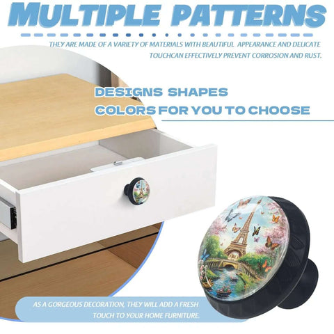 Crystal Cabinet Knobs With Eiffel Tower And Butterfly Design Mushroom Round Drawer Pulls for dressers and cabinets.