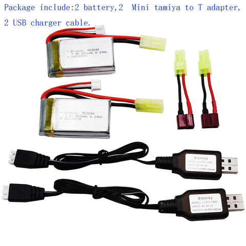 Two Pack 7.4V 850mAh LiPo Battery With Mini Tamiya Plug For 1 By 18 Scale RC Cars Trucks, 6.29Wh, 2S, Rechargeable Power Upgrade With USB Cable Included Today, shown with adapters and USB charger cables.