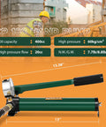 Side view of Newhai 20-ton hydraulic porta power jack with CP-180 hand pump, green body, black handle.