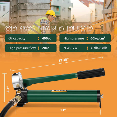 Side view of Newhai 20-ton hydraulic porta power jack with CP-180 hand pump, green body, black handle.