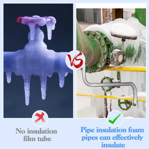 Comparison of frozen pipe vs pipe with 8 Pcs Self Adhering Pipe Insulation Foam Tubes For Winter Weather protection.