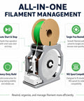 Fast Rewind Filament Spool Winder For 3D Printing on display with features like auto start, heavy-duty build, and tangle-free rewinding.