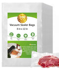 Six Times Fresher Meals With 200 Count 8x12 Inch Vacuum Sealer Bags For Food Storage BPA Free Precut Quart Bags visible in packaging.