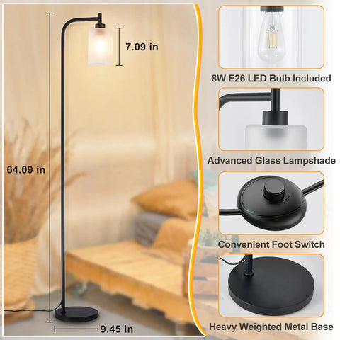 Gold Floor Lamp Tall Standing Light With Clear Glass Shade For Living Room And Bedroom, Modern Bright Boss Vibe Industrial Corner Floor Lamp For Office, Includes 8W LED Bulb And Foot Pedal Switch featured with dimensions and parts
