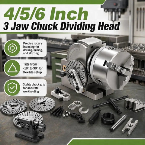Built Tough 4 5 6 Inch 3 Jaw Chuck Dividing Head With MT2 Tailstock Precision Plates for drilling and milling setups.