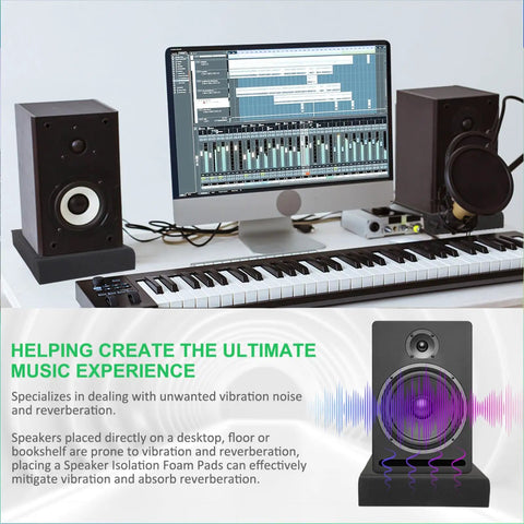 Studio monitor on isolation pads with keyboard and computer displaying music software, highlighting Two Pack Studio Monitor Isolation Pads For 3 To 4.5 Inch Speakers High Density Acoustic Foam To Cut Vibration And Improve Crisper Sound Quality 8 X 6.3 X 1.4 Inch Cushions For Desk Or Stand Mount