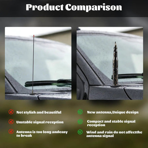 Product comparison showing Stubby Bullet Car Antenna With Iridescent Finish 5.5 Inch Beefed Up Truck Antenna on a car hood