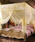 Adjustable Stainless Steel Canopy Bed Frame Fits Twin Full Queen King Sizes Rock Solid Thick Metal Brackets For Mosquito Netting Top Shelf Heavy Duty Design Sweet Sleep Setup Straight Up Built Tough with elegant yellow canopy curtains.