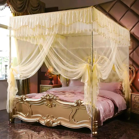 Adjustable Stainless Steel Canopy Bed Frame Fits Twin Full Queen King Sizes Rock Solid Thick Metal Brackets For Mosquito Netting Top Shelf Heavy Duty Design Sweet Sleep Setup Straight Up Built Tough with elegant yellow canopy curtains.