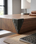 Speaker Corner Protector For Cabinets, Guitar Amps, And Furniture, Stackable Right Angle Corner Guard With Four Screws on wooden table