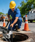 Beefy Steel Cable Feeding Sheave For 4 Inch Conduit With Dual Bearings Cable Puller Wheel in use at a construction site.