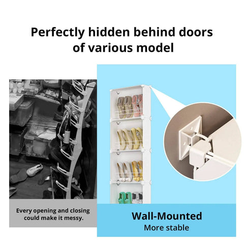 6 Tier Slim Shoe Storage Rack For Small Spaces Space Saver Narrow Shoes Organizer Hidden Closet Shelf Behind Door Entryway White Tall Wall Mount Keeps Boots And Sneakers Neatly Stored And Ready To Wear installed behind door with wall mount close-up