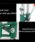 Kickass Manual Dough Roller And Stainless Steel Pasta Sheeter With Hella Smooth Adjustments showed with manual lever and adjustable boom angle.