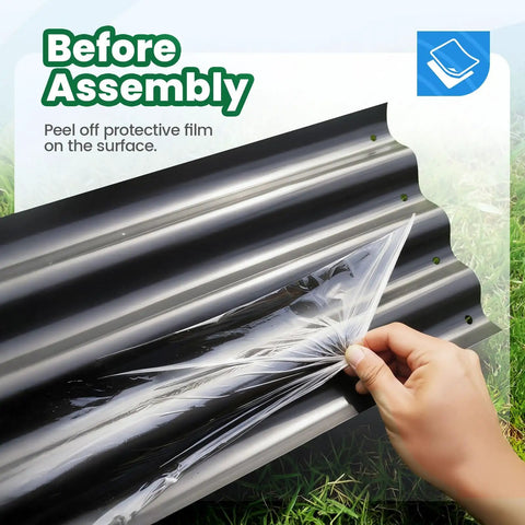 Peeling off protective film from Self Watering Galvanized Raised Garden Bed Kit For Veggies Herbs And Flowers With Mesh Cover In A Large Oval Metal Outdoor Planter Box Six Foot By Three Foot By One Foot panel