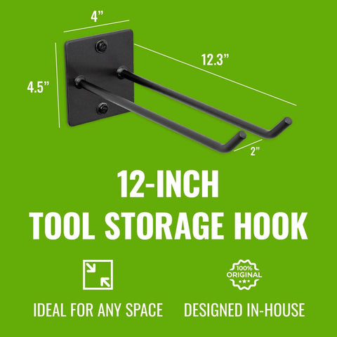 Heavy Duty Garage Wall Mount Tool Hook Rack For Shovels Rakes Brooms Hoses And Cords Industrial Steel Powder Coated Design Holds Up To 50 Pounds Ultra Strong Yard And Workshop Organizer For Easy Access. 12-inch storage hook dimensions.