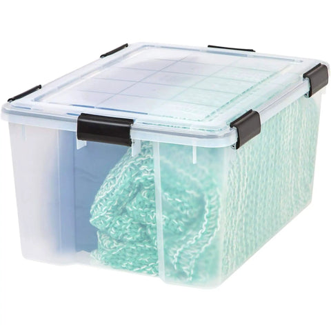 Legit Heavy Duty Stackable Storage Tote Bins 8 Pack 62.8 Quart Clear Black Plastic Gasket Boxes with blanket inside