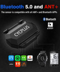 Dual Mode Bike Speed And Cadence Sensor Kit Wireless Ant Plus And Bluetooth Data For Cycling Tracks; shows sensor, apps, devices.