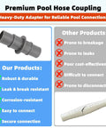 Comparison of premium pool hose adapter and inferior products; focus on Must Have Pool Hose Adapter For 1 1/4 Inch Or 1 1/2 Inch Hoses