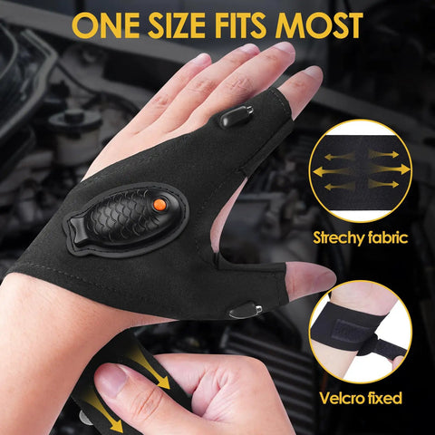 Black Rechargeable LED Flashlight Gloves For Men And DIY Crew with stretchy fabric and Velcro, used for night work in a workshop.