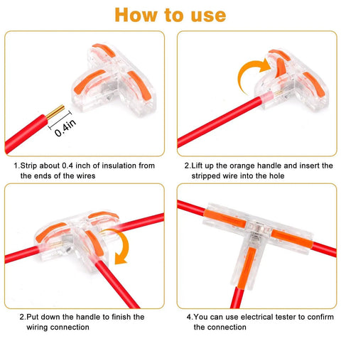 Instruction diagram for using Three Way Lever Nut Wire Connectors Kit With T Shape Compact Design For Easy Push In Wiring